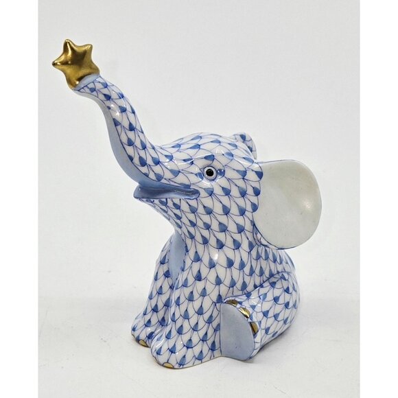 Herend Reach The Stars Porcelain Sapphire Blue Fishnet Elephant Gold Star - Picture 1 of 7